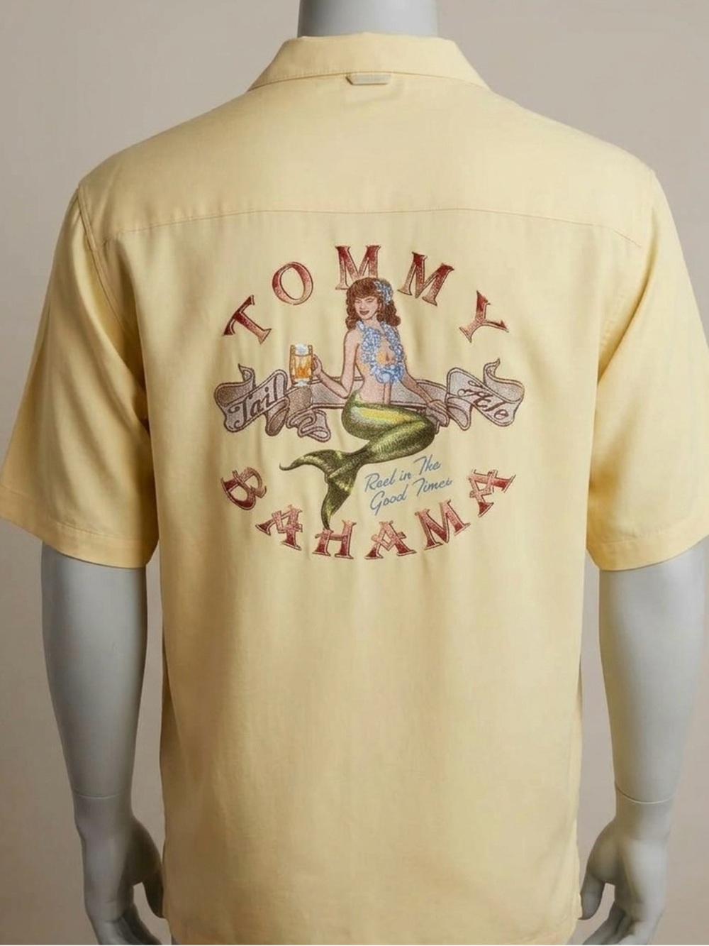 Vintage Tommy Bahama Tail Ale Mermaid Embroidered Silk Camp Shirt XL Yellow